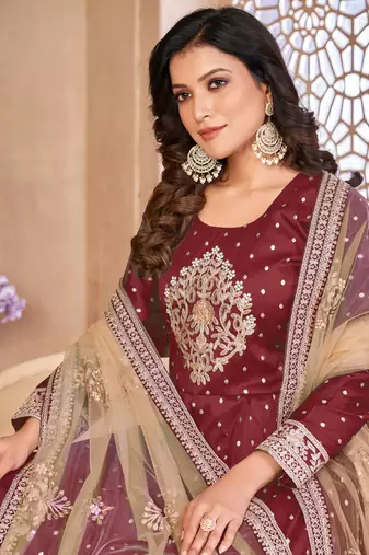 Designer maroon tafeta silk embroidery anarkali suit