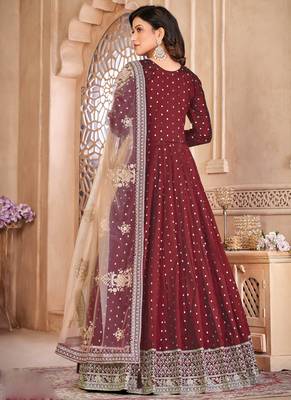 Designer maroon tafeta silk embroidery anarkali suit 4