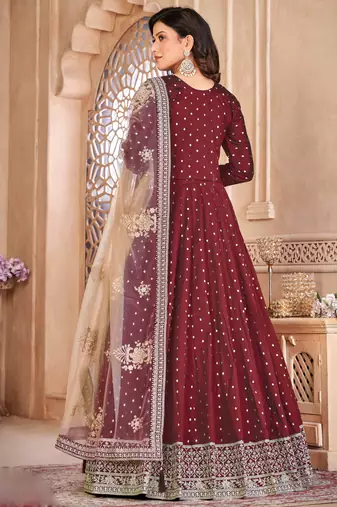Designer maroon tafeta silk embroidery anarkali suit