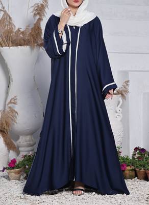 Front Open Abaya in Premium Fabric with Contrast Panels, Pockets, and White Hijab 1