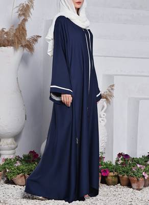 Front Open Abaya in Premium Fabric with Contrast Panels, Pockets, and White Hijab 2