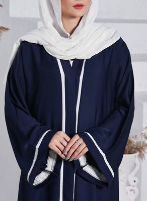Front Open Abaya in Premium Fabric with Contrast Panels, Pockets, and White Hijab 3