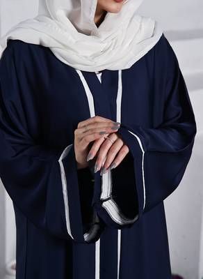 Front Open Abaya in Premium Fabric with Contrast Panels, Pockets, and White Hijab 4