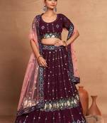 Wine Embroidered With Sequins Heavy Georgette Lehenga Choli For Wedding Bride Party Wear
