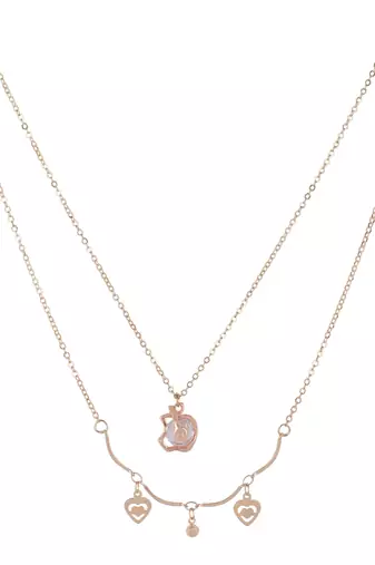  rosegold-plated leafe shaped cz studded layered chain necklace