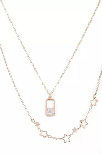  rosegold-plated lock shaped cz studded layered chain necklace