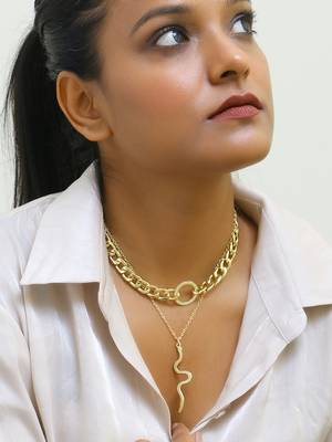 Dual layered bold link snake drop gold-plated necklace 2