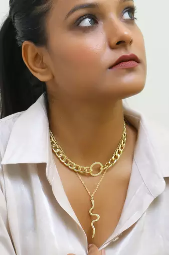 Dual layered bold link snake drop gold-plated necklace