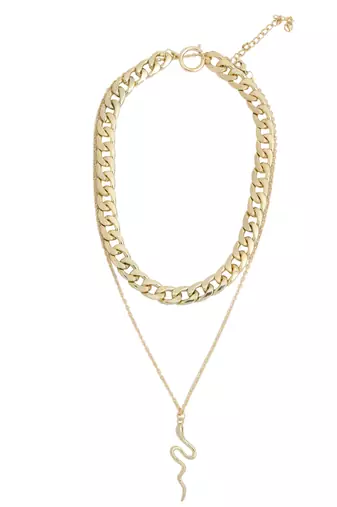 Dual layered bold link snake drop gold-plated necklace