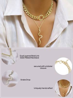 Dual layered bold link snake drop gold-plated necklace 5