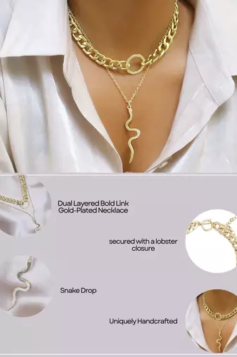 Dual layered bold link snake drop gold-plated necklace