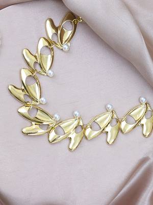 Pearl studded designer leaf link gold-plated necklace 1