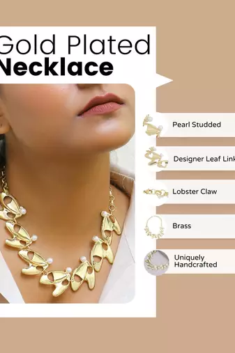 Pearl studded designer leaf link gold-plated necklace