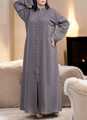 Designer Abaya in Premium Praada Fabric with Pin Tucks, Fancy Buttons, and Black Hijab 1
