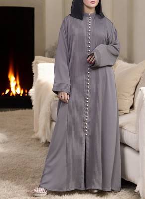 Designer Abaya in Premium Praada Fabric with Pin Tucks, Fancy Buttons, and Black Hijab 2