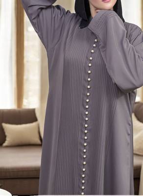 Designer Abaya in Premium Praada Fabric with Pin Tucks, Fancy Buttons, and Black Hijab 3