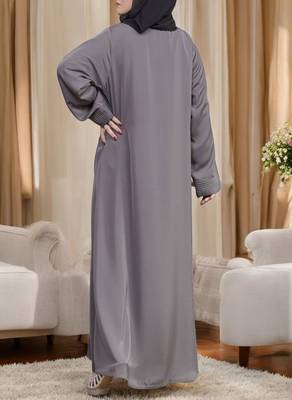 Designer Abaya in Premium Praada Fabric with Pin Tucks, Fancy Buttons, and Black Hijab 4