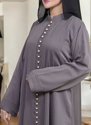 Designer Abaya in Premium Praada Fabric with Pin Tucks, Fancy Buttons, and Black Hijab 5