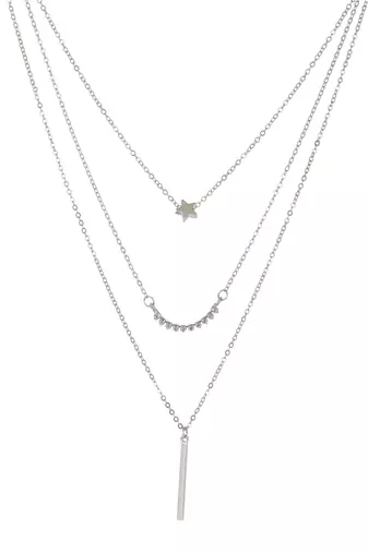   rhodium-plated star shaped cz studded layered chain necklace