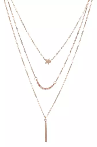   rosegold-plated star shaped cz studded layered chain necklace