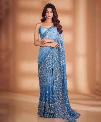 Blue Colour Soft Georgette Fabric Saree With Heavy Thread Work With Unstitched Blouse 1