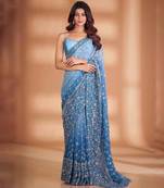 Blue Colour Soft Georgette Fabric Saree With Heavy Thread Work With Unstitched Blouse