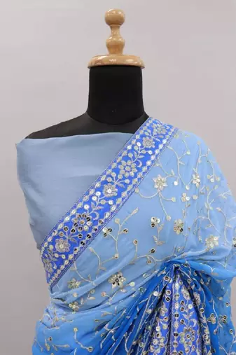 Blue Colour Soft Georgette Fabric Saree With Heavy Thread Work With Unstitched Blouse
