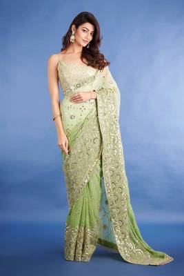 Pista Green  Colour Soft Georgette Fabric Saree With Heavy Thread Work With Unstitched Blouse 1