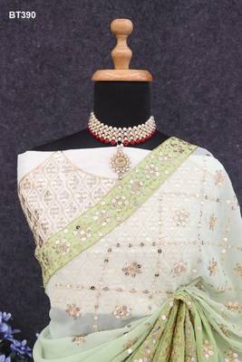 Pista Green  Colour Soft Georgette Fabric Saree With Heavy Thread Work With Unstitched Blouse 3