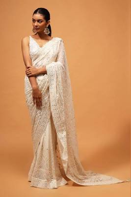White Georgette Saree with Silver Sequin Embroidery and Unstitched Blouse 1
