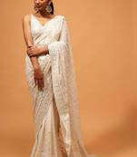 White Georgette Saree with Silver Sequin Embroidery and Unstitched Blouse