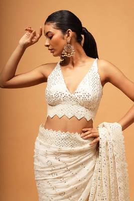 White Georgette Saree with Silver Sequin Embroidery and Unstitched Blouse 3