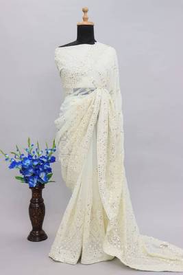 White Georgette Saree with Silver Sequin Embroidery and Unstitched Blouse 4