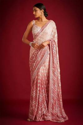 Peach Colour Soft Georgette Fabric Saree With Heavy Thread Work With Unstitched Blouse 1