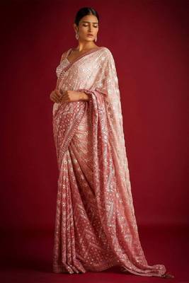 Peach Colour Soft Georgette Fabric Saree With Heavy Thread Work With Unstitched Blouse 2