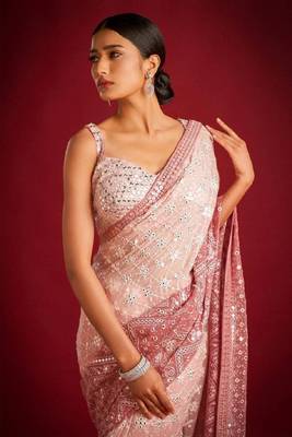 Peach Colour Soft Georgette Fabric Saree With Heavy Thread Work With Unstitched Blouse 3