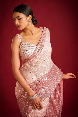 Peach Colour Soft Georgette Fabric Saree With Heavy Thread Work With Unstitched Blouse 4