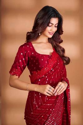 Red Colour Soft Georgette Fabric Saree With Heavy Thread Work With Unstitched Blouse 3