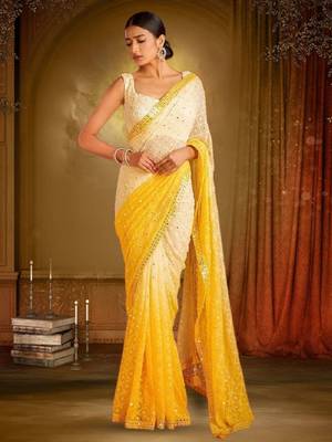 Yellow and White Georgette Saree With Sequin Embroidery 1