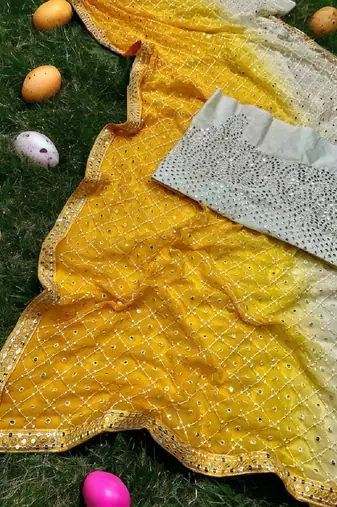 Yellow and White Georgette Saree With Sequin Embroidery