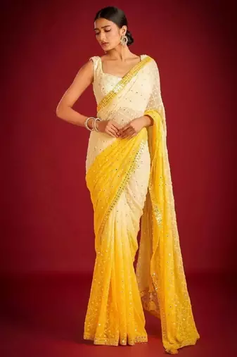 Yellow and White Georgette Saree With Sequin Embroidery