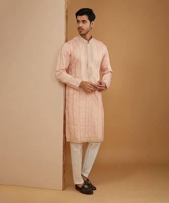 Peach mirror embroidered kurta set 1
