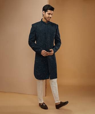 Teal blue embroidered achkan set 1