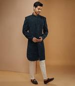 Teal blue embroidered achkan set