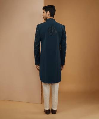 Teal blue embroidered achkan set 2