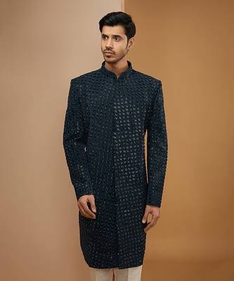Teal blue embroidered achkan set 3
