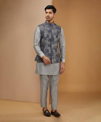 Royal blue and grey embroidered kurta-jacket set 1