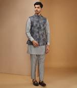 Royal blue and grey embroidered kurta-jacket set