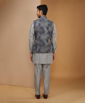 Royal blue and grey embroidered kurta-jacket set 2