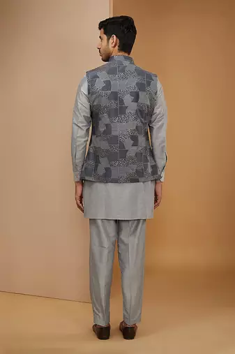 Royal blue and grey embroidered kurta-jacket set